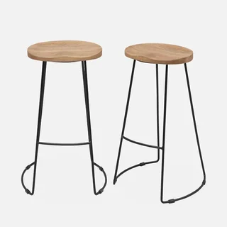 Tabouret bar industriel bois manguier métal noir 75cm lot 2 repose-pieds