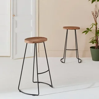 Tabouret bar industriel bois manguier métal noir 75cm lot 2 repose-pieds