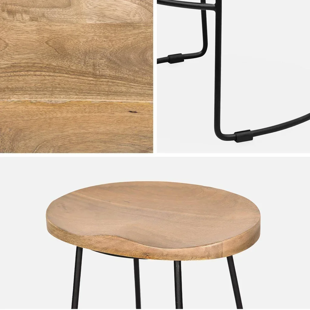 Tabouret bar industriel bois manguier métal noir 75cm lot 2 repose-pieds