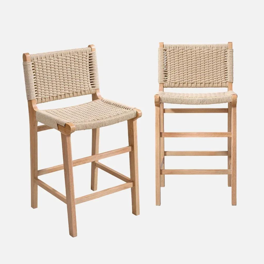 Tabouret de bar bois hévéa corde 64 cm lot de 2 design scandinave