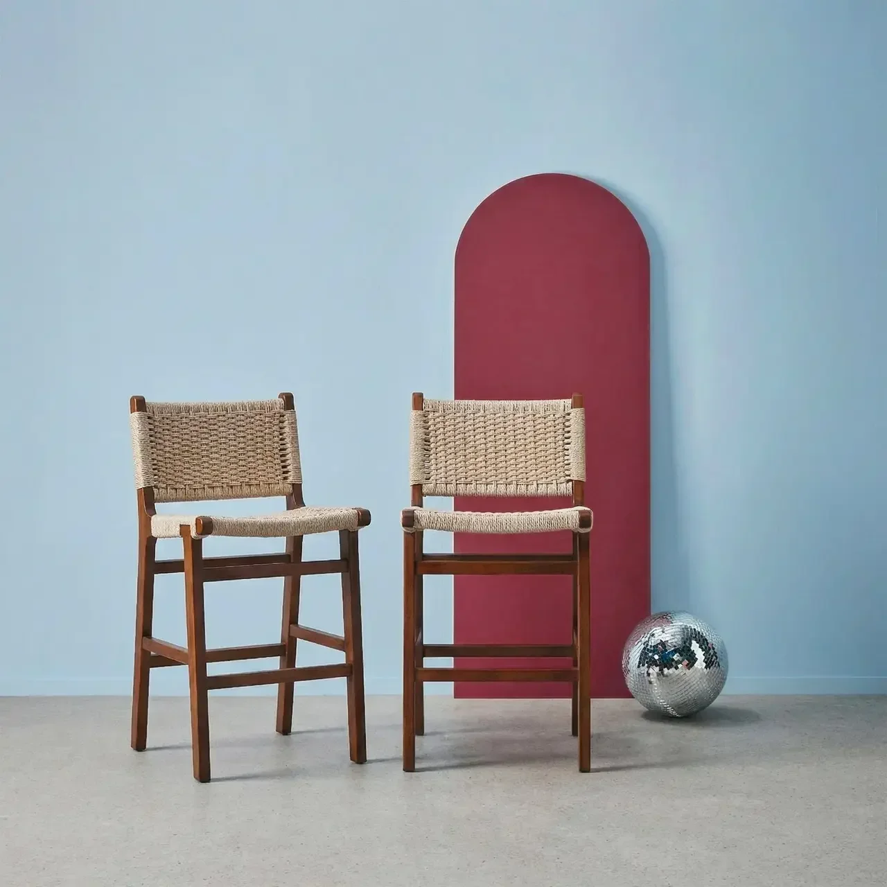 Tabouret de bar bois hévéa corde 64 cm lot de 2 cuisine scandinave