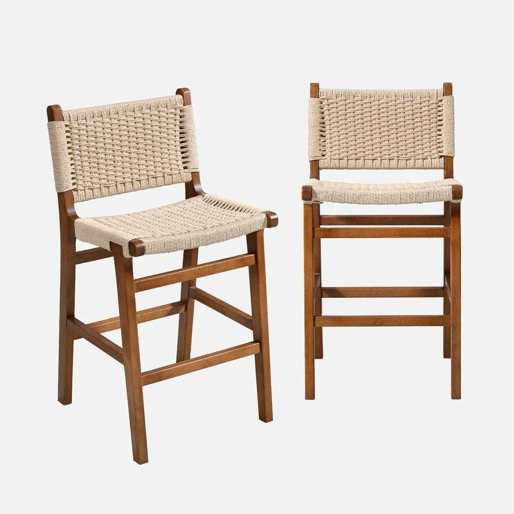 Tabouret de bar bois hévéa corde 64 cm lot de 2 cuisine scandinave