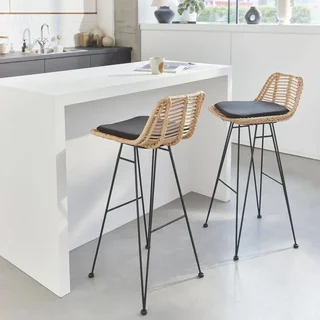 Tabouret bar rotin naturel métal noir 75 cm lot de 2 bohème