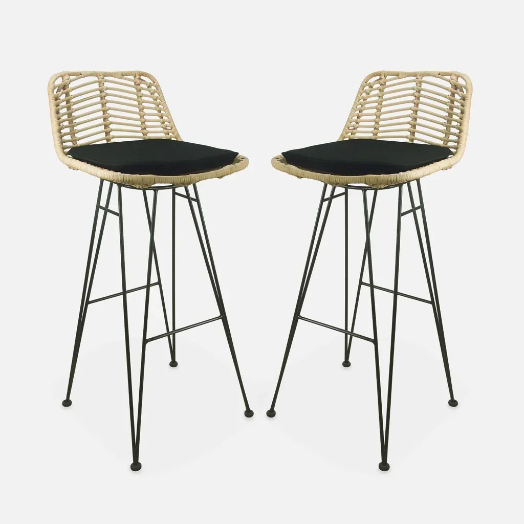Tabouret bar rotin naturel métal noir 75 cm lot de 2 bohème