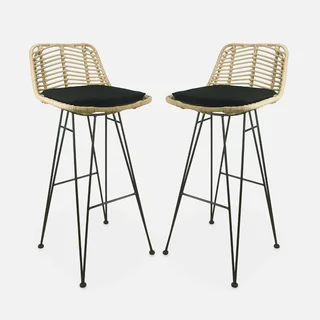 Tabouret bar rotin naturel métal noir 75 cm lot de 2 bohème
