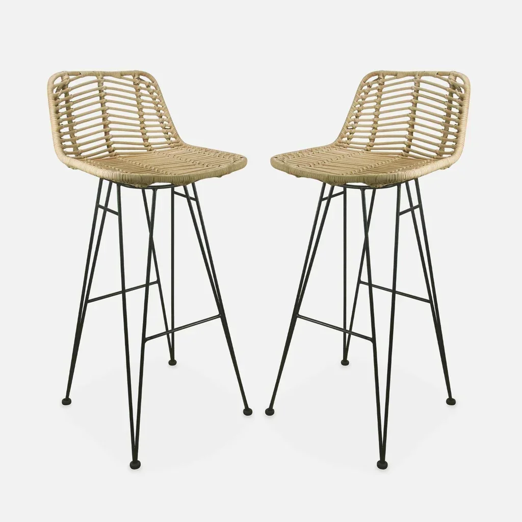 Tabouret bar rotin naturel métal noir 75 cm lot de 2 bohème