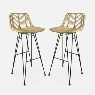 Tabouret bar rotin naturel métal noir 75 cm lot de 2 bohème