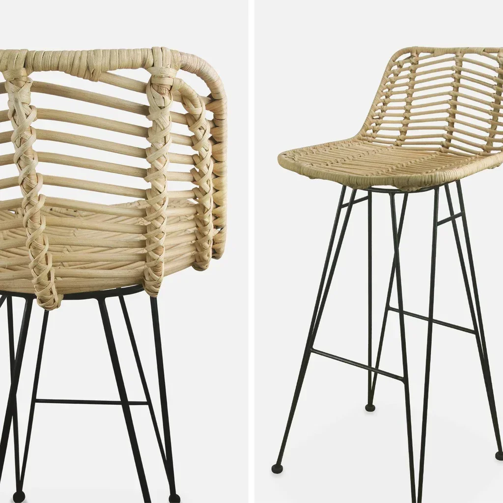Tabouret bar rotin naturel métal noir 75 cm lot de 2 bohème