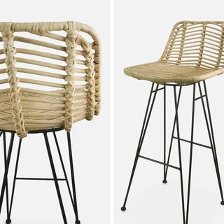 Tabouret bar rotin naturel métal noir 75 cm lot de 2 bohème