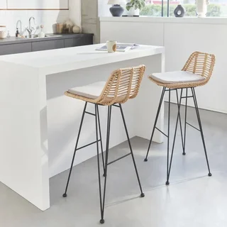 Tabouret bar rotin naturel métal noir 75 cm lot de 2 Cahya