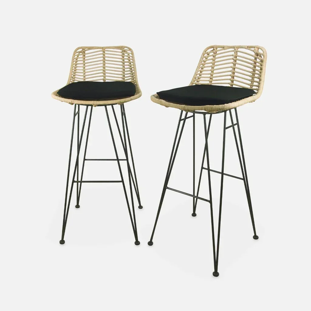 Tabouret bar rotin naturel métal noir 75 cm lot de 2 bohème