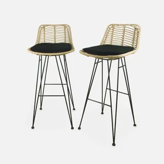 Tabouret bar rotin naturel métal noir 75 cm lot de 2 bohème