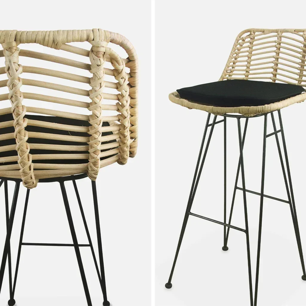 Tabouret bar rotin naturel métal noir 75 cm lot de 2 bohème