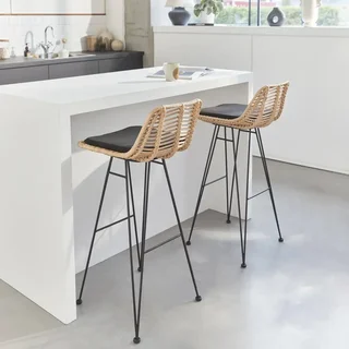 Tabouret bar rotin naturel métal noir 75 cm lot de 2 bohème