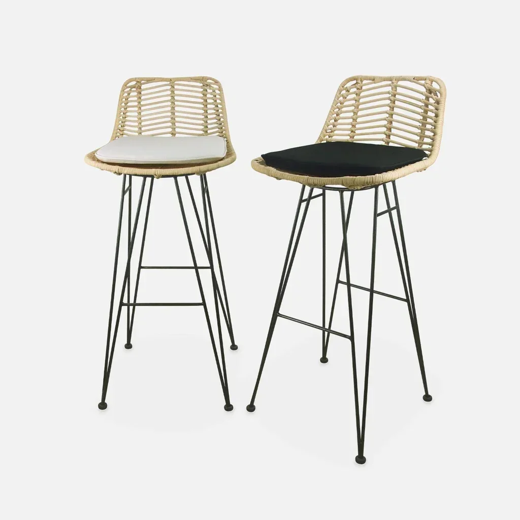 Tabouret bar rotin naturel métal noir 75 cm lot de 2 bohème