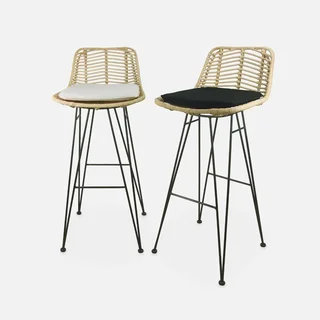 Tabouret bar rotin naturel métal noir 75 cm lot de 2 bohème