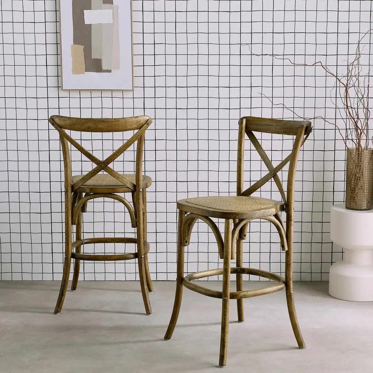 Tabouret bar vintage bois rotin 65cm lot 2 style bistrot
