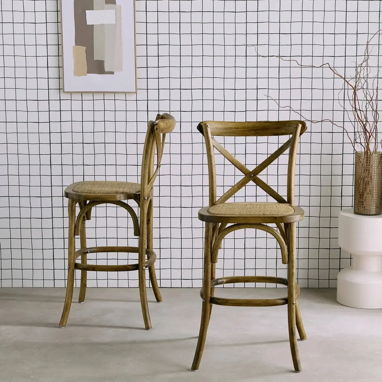 Tabouret bar vintage bois rotin 65cm lot 2 style bistrot