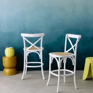 Tabouret bar vintage bois rotin 65cm lot 2 style bistrot