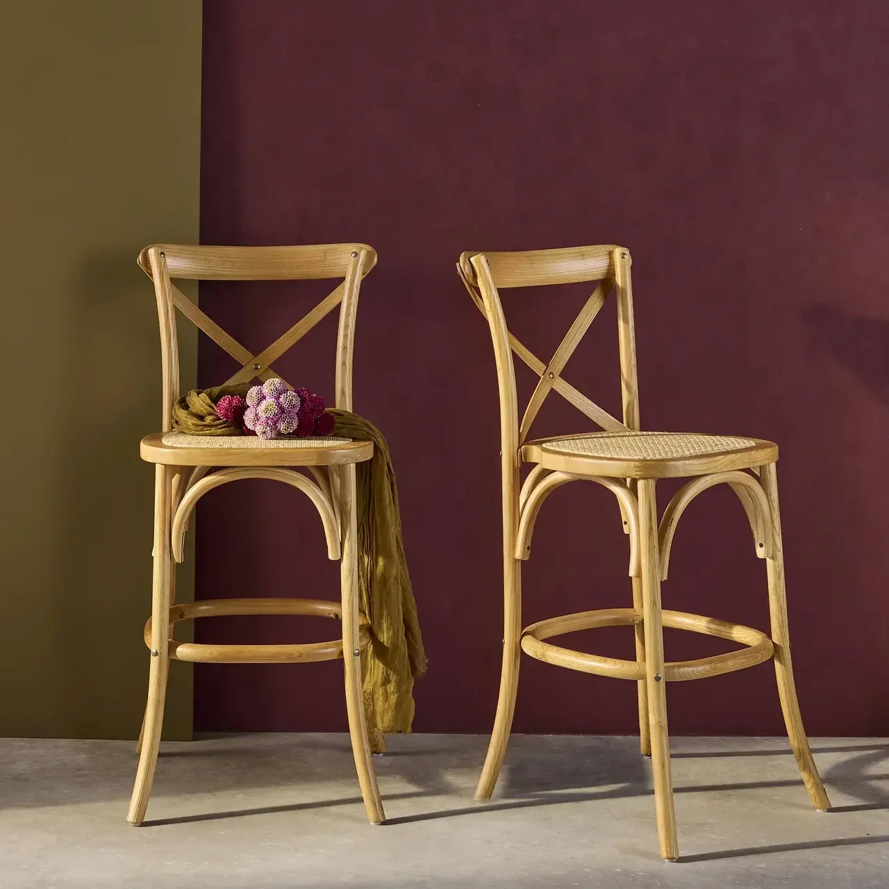 Tabouret bar vintage bois bistrot 65 cm lot 2 rotin
