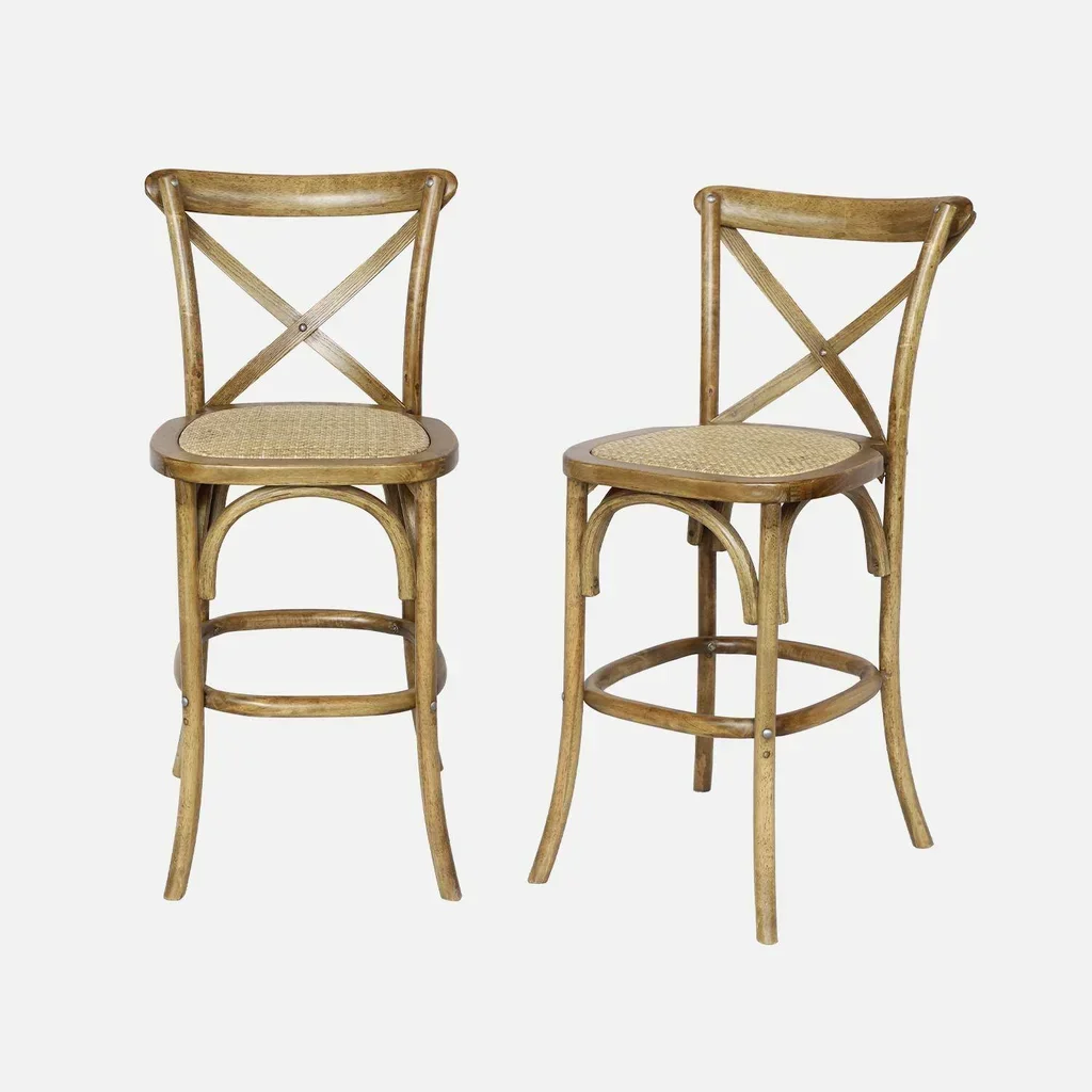Tabouret bar vintage bois rotin 65cm lot 2 style bistrot