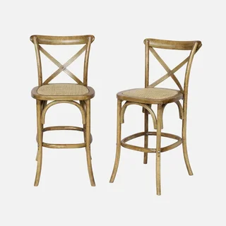 Tabouret bar vintage bois rotin 65cm lot 2 style bistrot