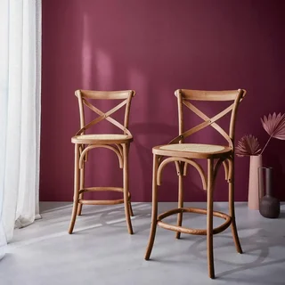 Tabourets de bar vintage bois hévéa et rotin tressé hauteur 65 cm lot de 2 style bistrot