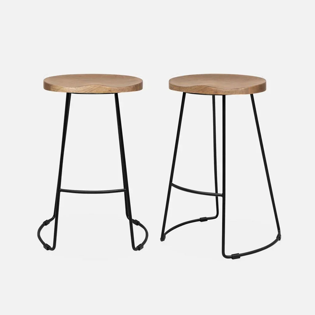 Tabouret bar 65 cm bois manguier métal industriel lot 2 repose-pieds