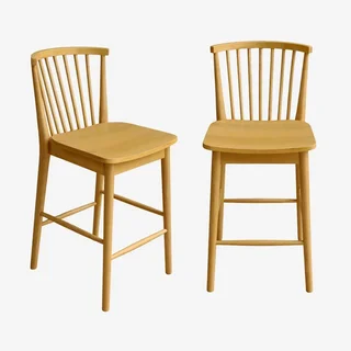 Tabouret de bar bois hévéa 63 cm dossier barreaux lot 2 Paula