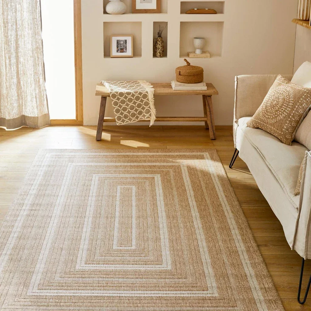 Tapis beige effet toile de jute motifs intérieur extérieur Daymo