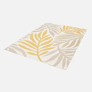 Tapis beige jaune moutarde motif feuillage intérieur extérieur plastique recyclé