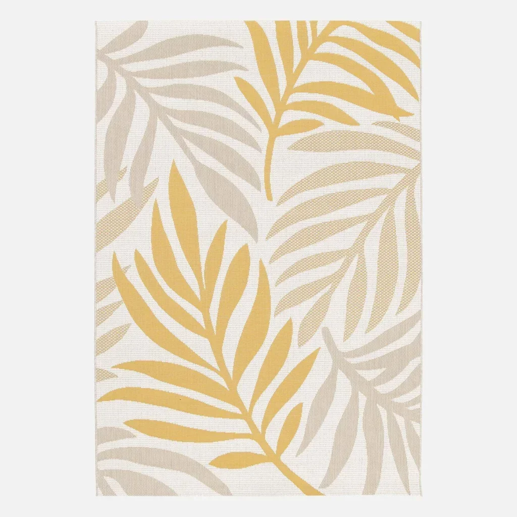 Tapis beige jaune moutarde motif feuillage intérieur extérieur plastique recyclé