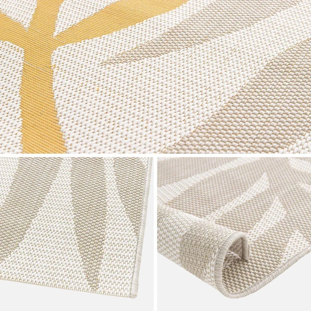 Tapis beige jaune moutarde motif feuillage intérieur extérieur plastique recyclé