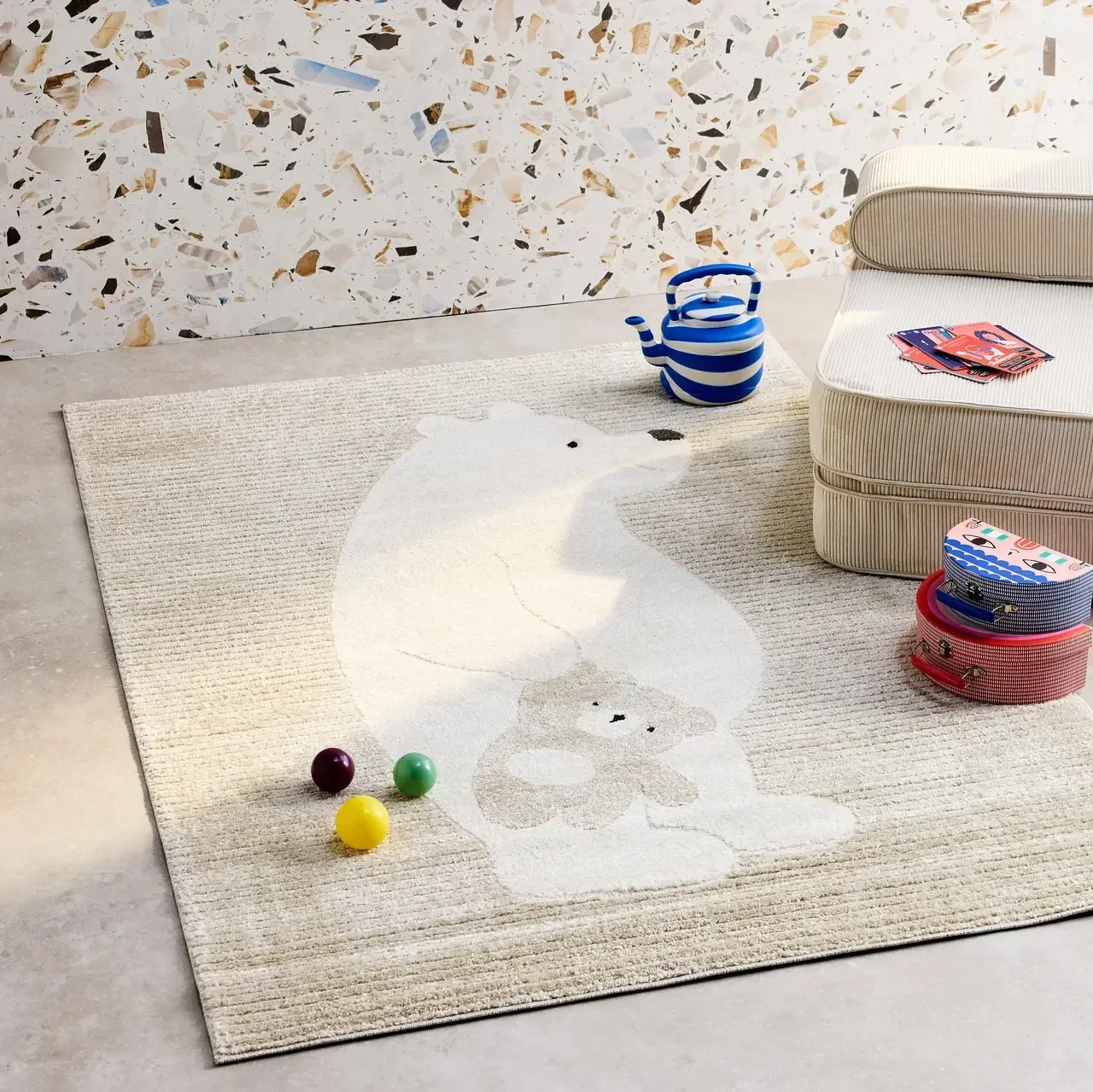 Tapis chambre enfant beige oursons doux antidérapant