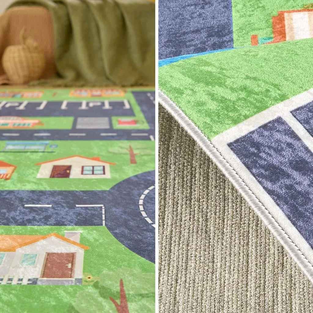 Tapis chambre enfant blanc décor petites maisons doux Viny