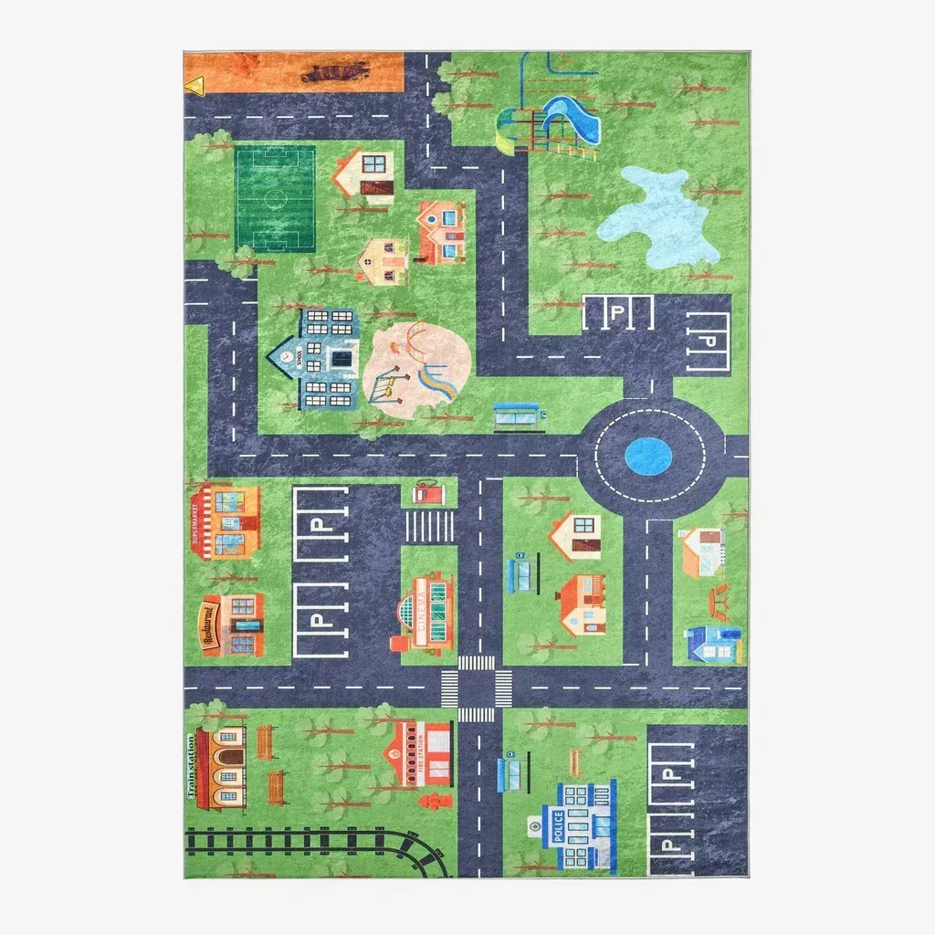 Tapis chambre enfant blanc décor petites maisons doux lavable