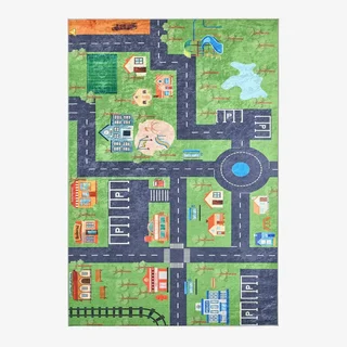 Tapis chambre enfant blanc décor petites maisons doux lavable
