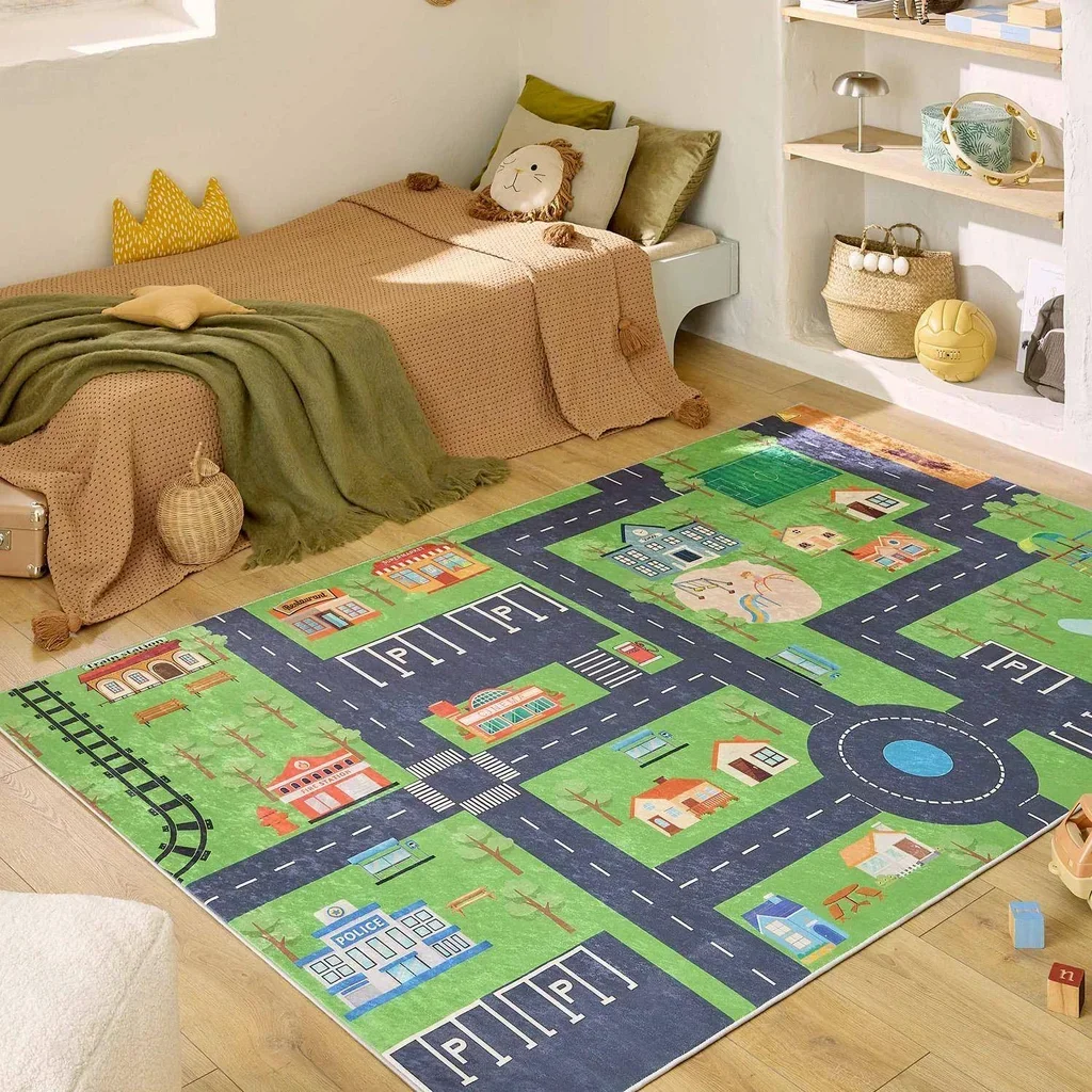 Tapis chambre enfant blanc décor petites maisons doux lavable