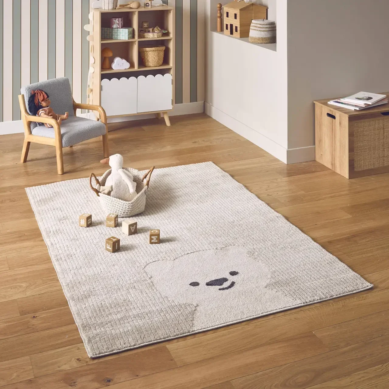 Tapis chambre bébé écru motif ourson douillet moelleux