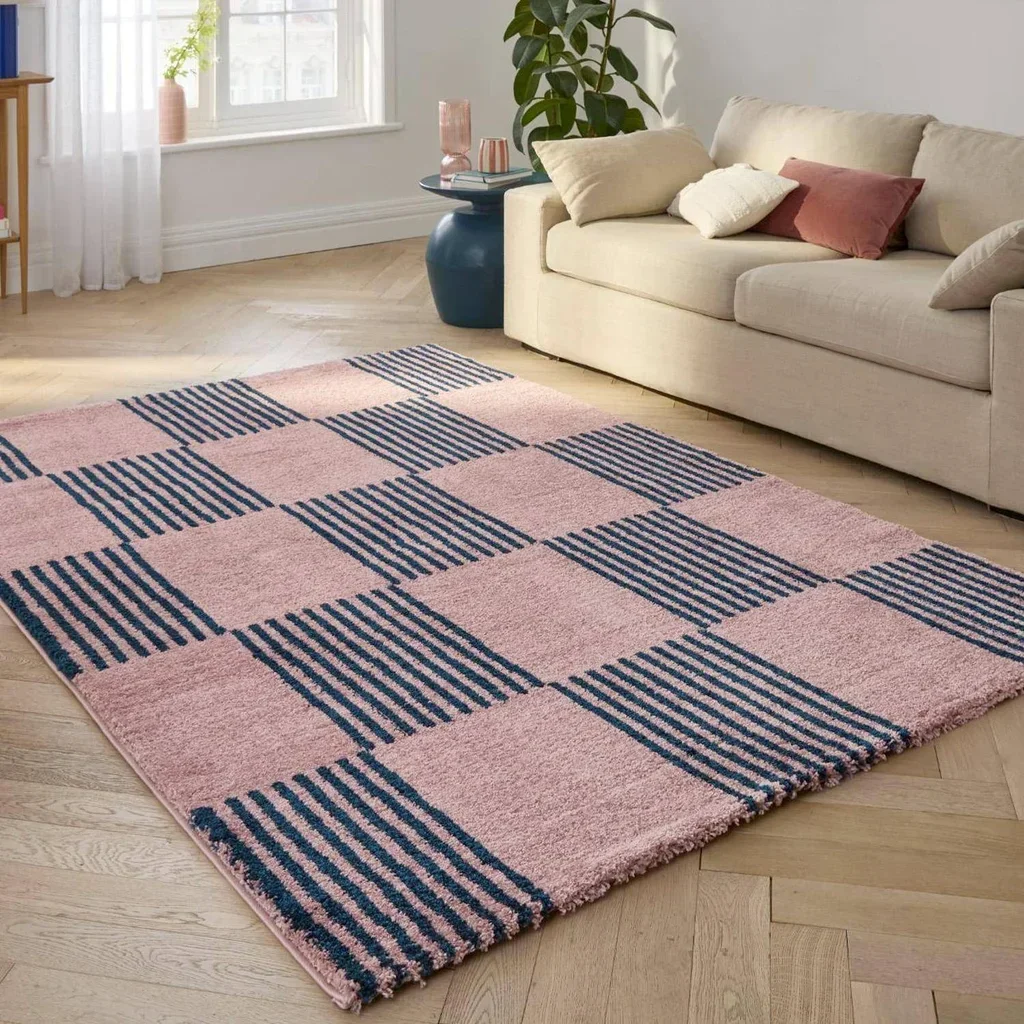Tapis intérieur damier bleu rose moelleux Fergew salon chambre