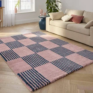 Tapis intérieur damier bleu rose moelleux Fergew salon chambre