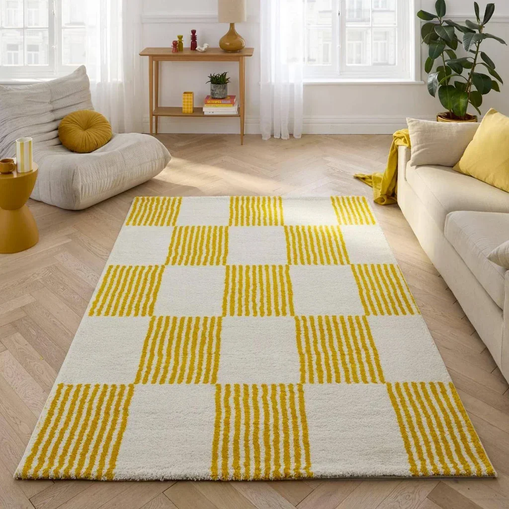 Alfombra Cuadros Amarillo Blanco Fergew Salón Mullido Decoración Moderna