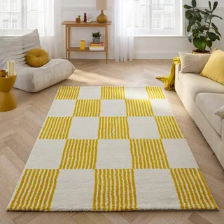 Alfombra mullida a cuadros amarilla blanca salón dormitorio decoración tendencia Fergew