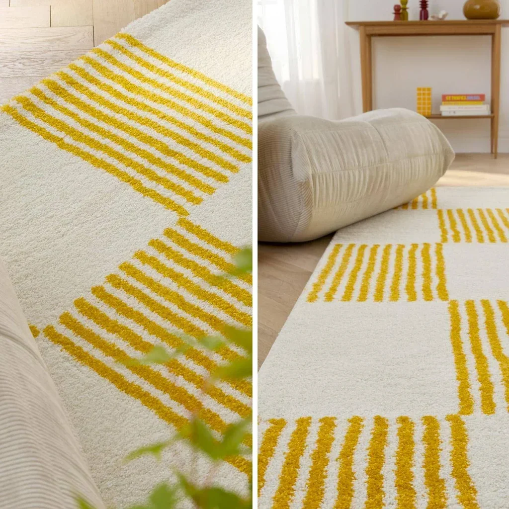 Yellow White Checkered Rug Fergew Living Room Bedroom Fluffy Bright Home Decor