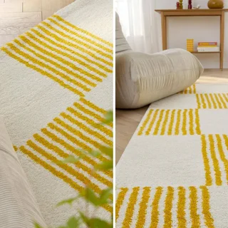 Alfombra Cuadros Amarillo Blanco Fergew Salón Dormitorio Mullida Decoración Luminosa