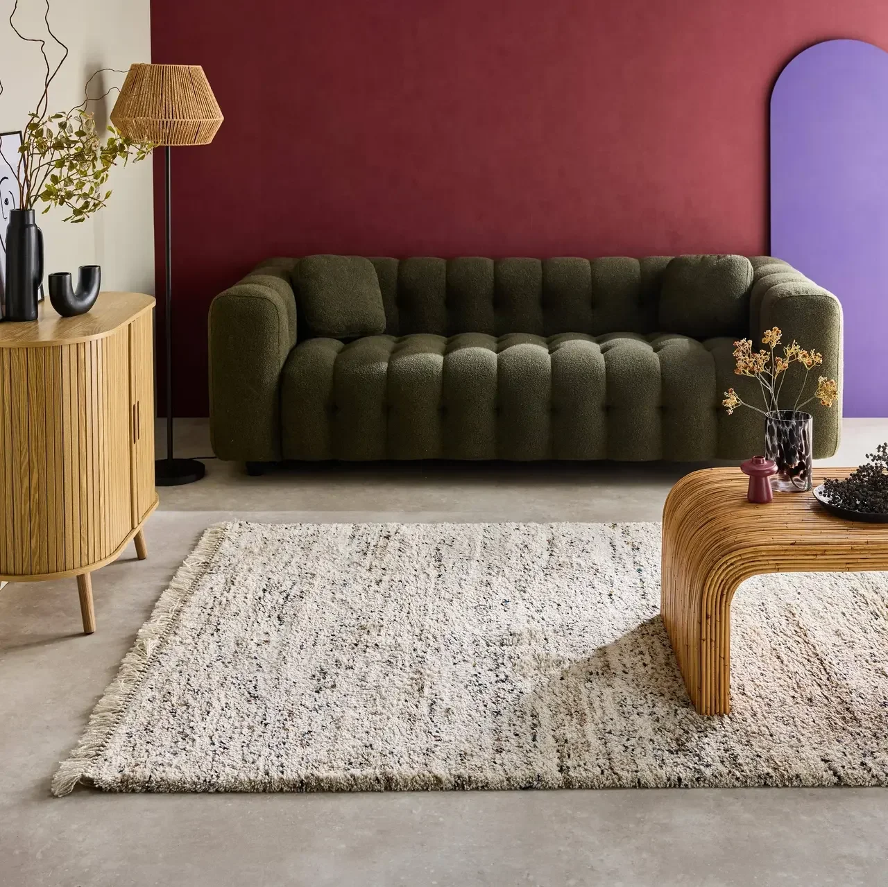 Tapis shaggy Richie motif moucheté écru 120x170 cm aux franges douces
