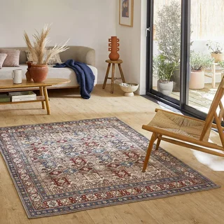 Tapis persan multicolore motifs orientaux rouge bleu Tomo