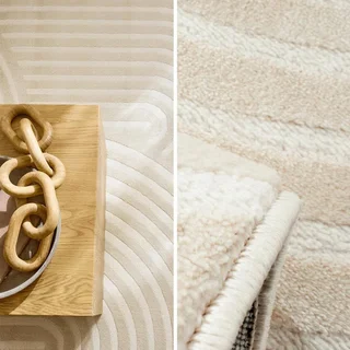 Alfombra salón beige crudo diseño moderno relieve suave arcos