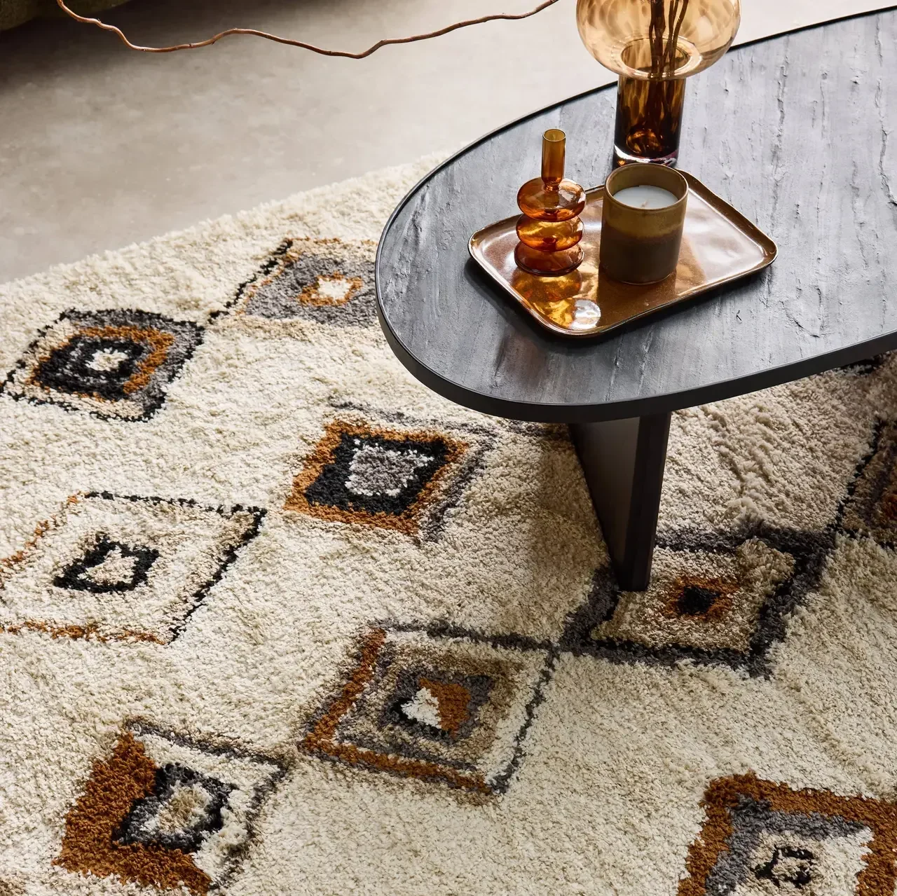 Beige living room rug ethnic patterns long fringes soft shaggy Selena