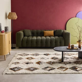 Alfombra salón beige motivos étnicos flecos largos pelo largo suave Selena